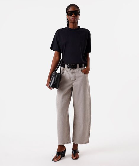 calça baggy feminina de sarja cintura média cinza