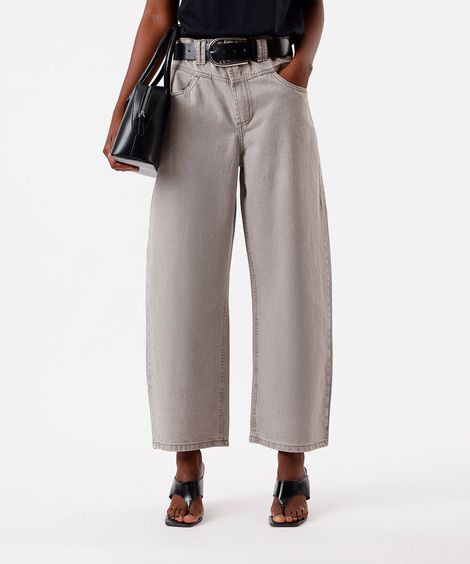 calça baggy feminina de sarja cintura média cinza