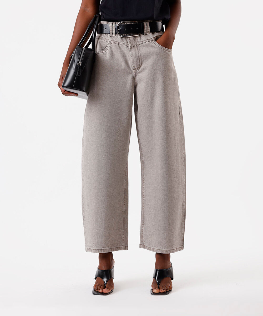 calça baggy feminina de sarja cintura média cinza