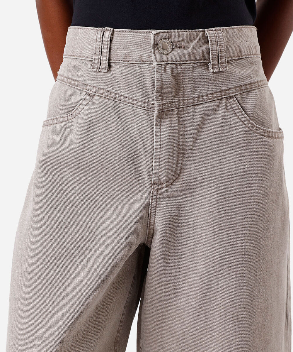 calça baggy feminina de sarja cintura média cinza