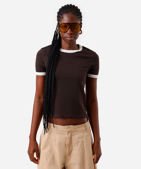 blusa baby look feminina de algodão básica bicolor marrom