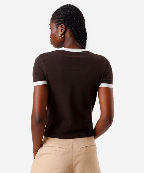 blusa baby look feminina de algodão básica bicolor marrom