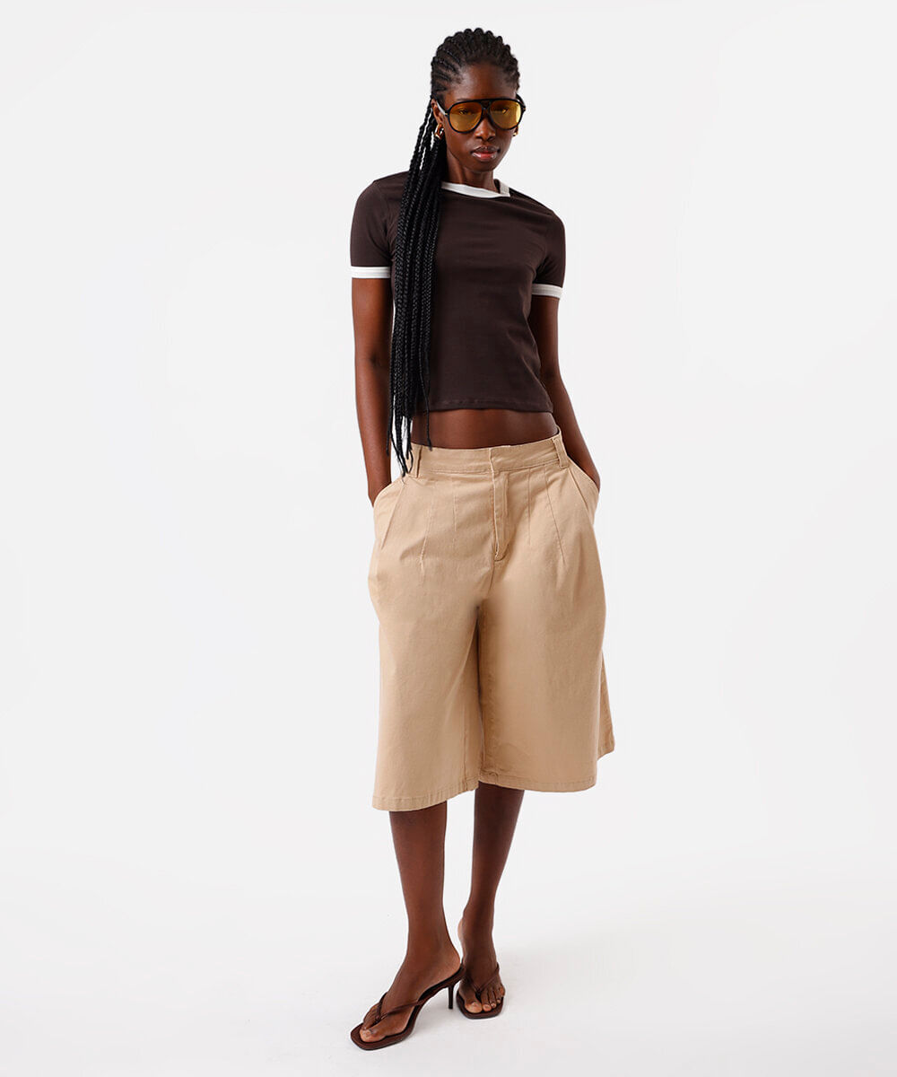 blusa baby look feminina de algodão básica bicolor marrom