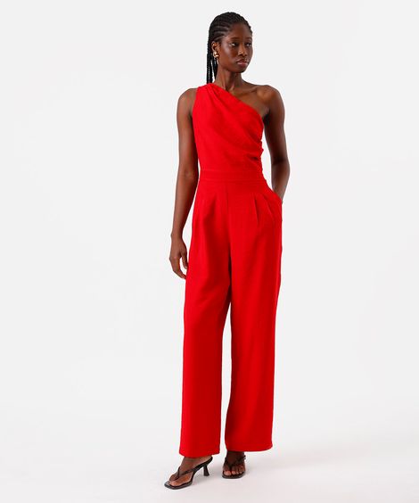macacão ombro único feminino com viscose e pregas vermelho