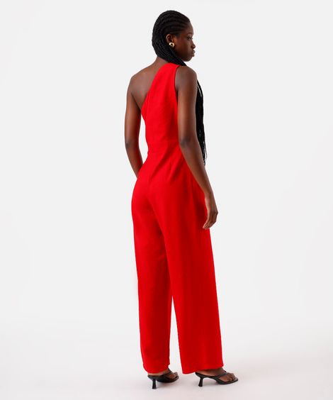 macacão ombro único feminino com viscose e pregas vermelho