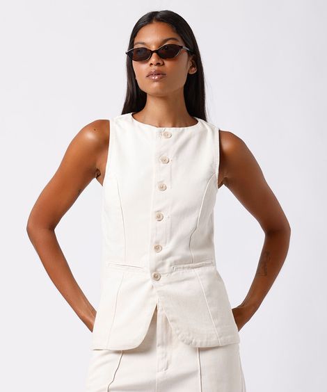 colete feminino de sarja com recortes mindset off white