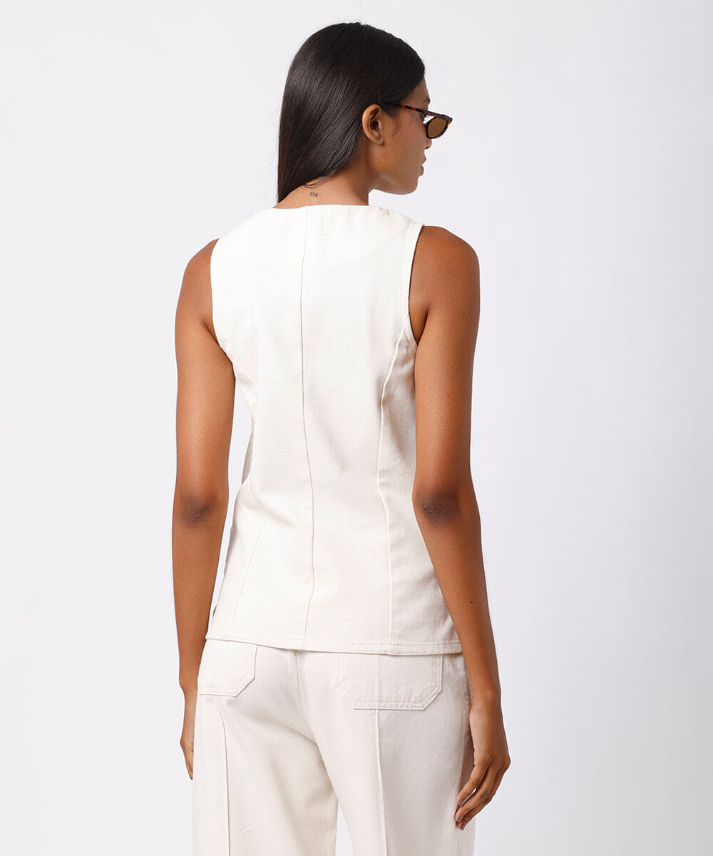 colete feminino de sarja com recortes mindset off white
