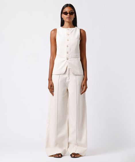 calça wide leg feminina de sarja com nervuras mindset off white