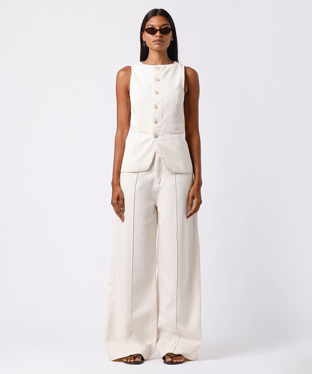 calça wide leg feminina de sarja com nervuras mindset off white