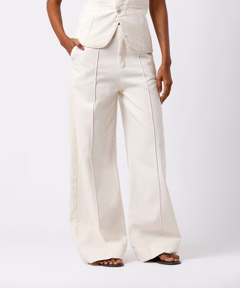 calça wide leg feminina de sarja com nervuras mindset off white