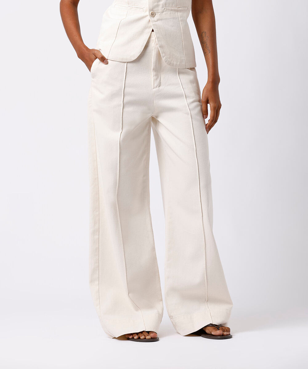 calça wide leg feminina de sarja com nervuras mindset off white
