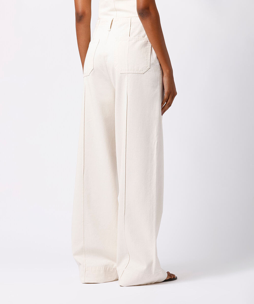 calça wide leg feminina de sarja com nervuras mindset off white