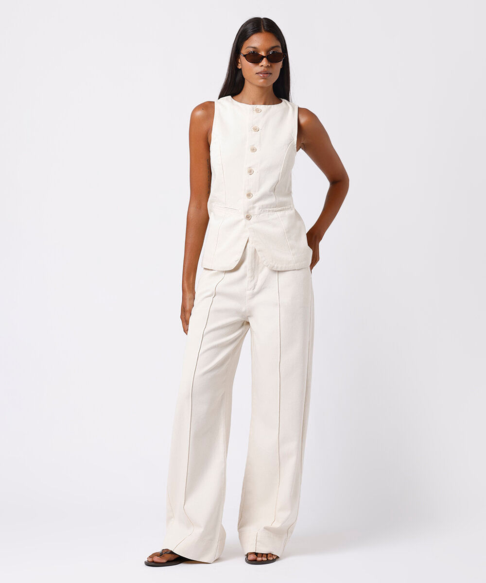 calça wide leg feminina de sarja com nervuras mindset off white