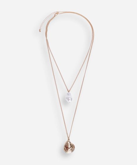 Colar duplo feminino pérola e concha dourado
