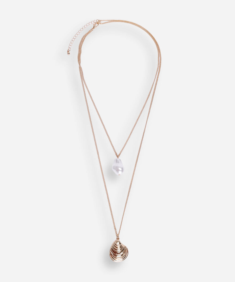Colar duplo feminino pérola e concha dourado