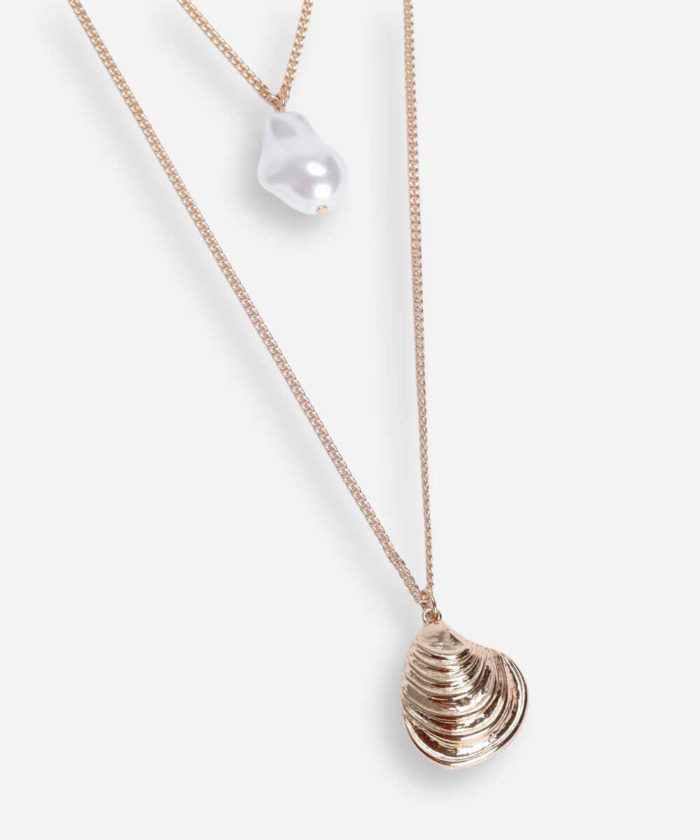 Colar duplo feminino pérola e concha dourado
