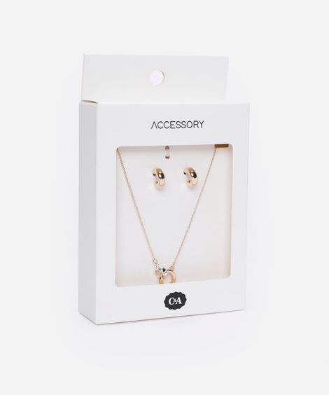 conjunto de colar e par de brincos femininos dourado