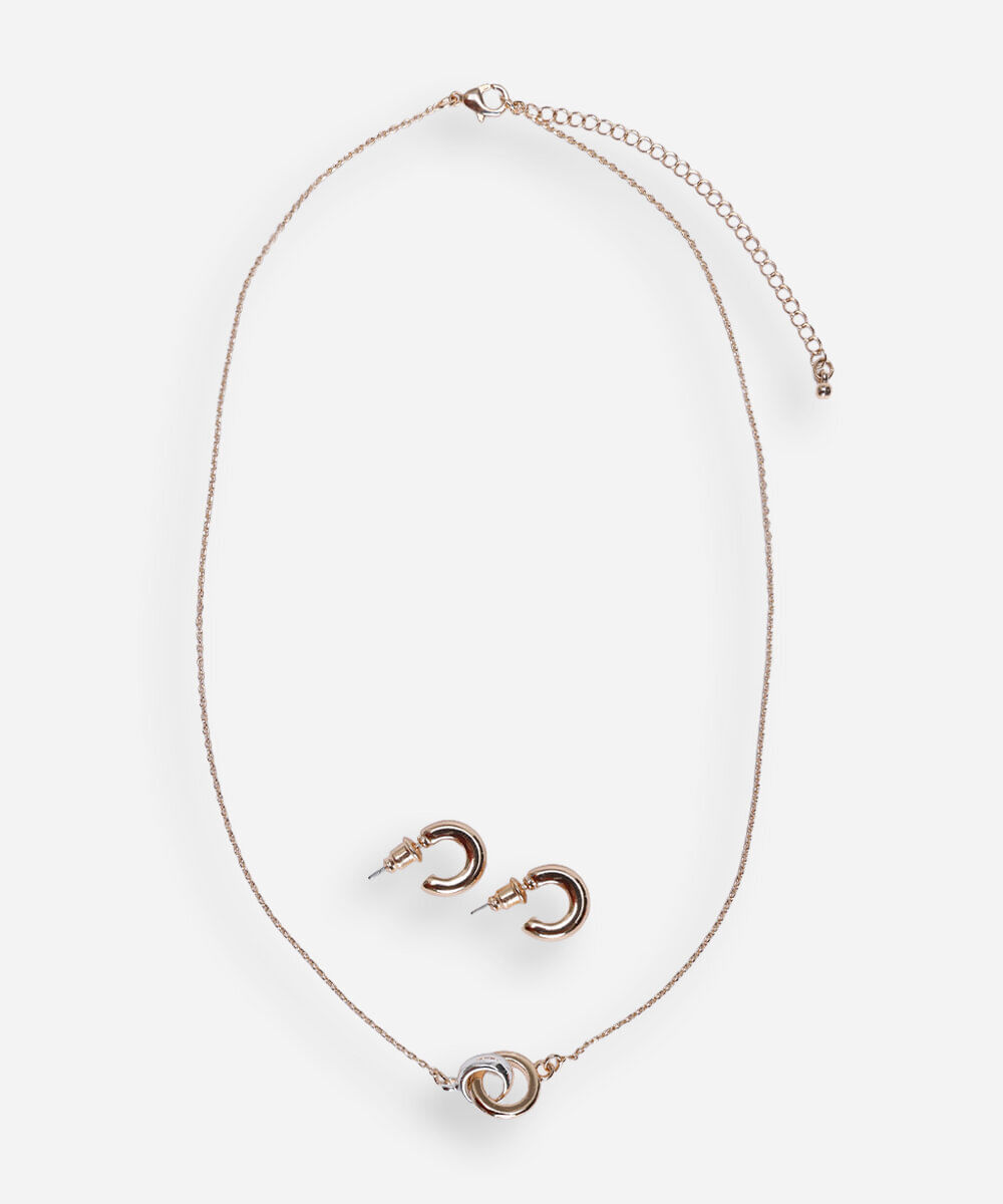 conjunto de colar e par de brincos femininos dourado