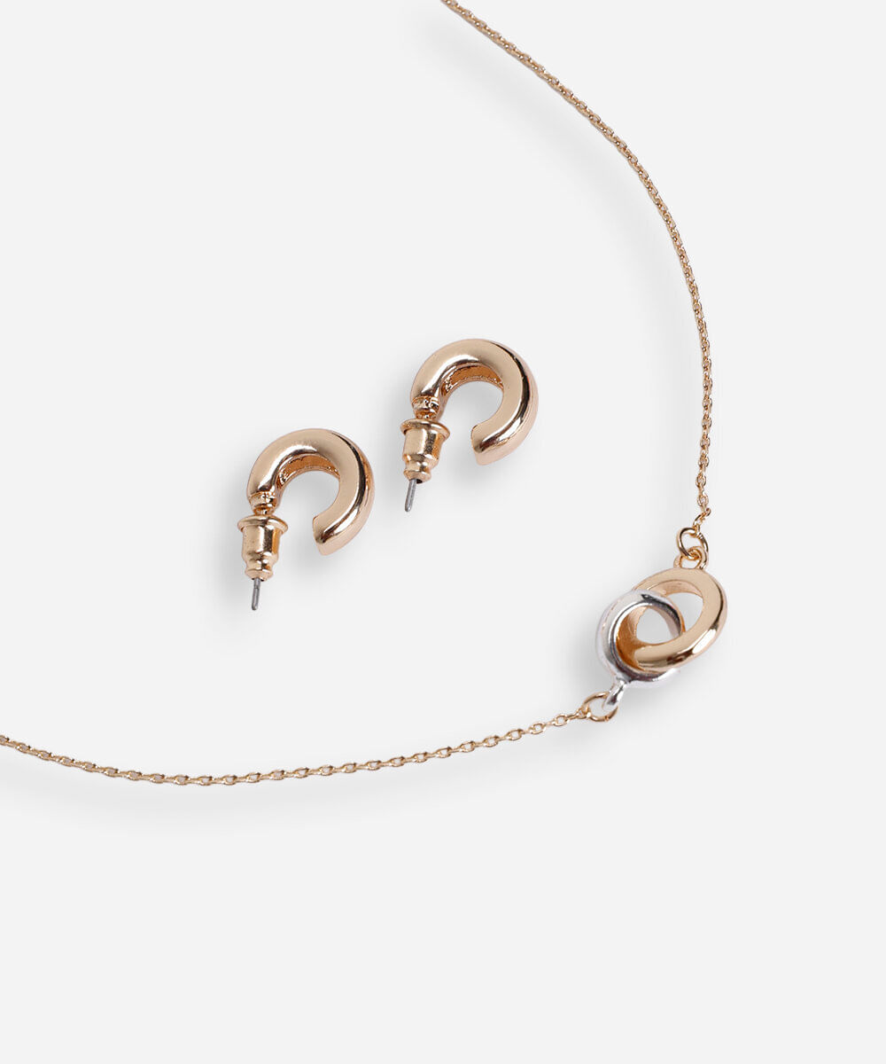 conjunto de colar e par de brincos femininos dourado