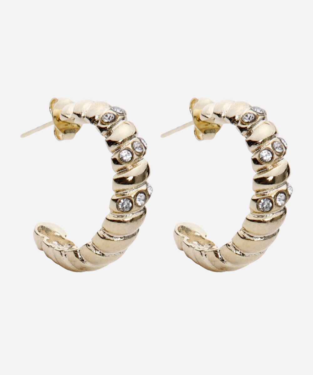 brinco argola com brilhos canelado dourado