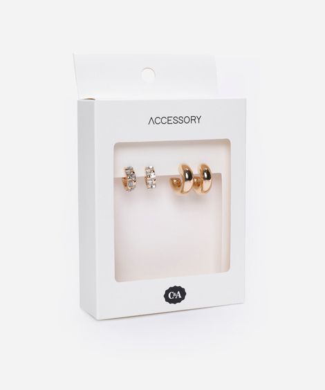 kit de 2 brincos argolas com brilhos dourado