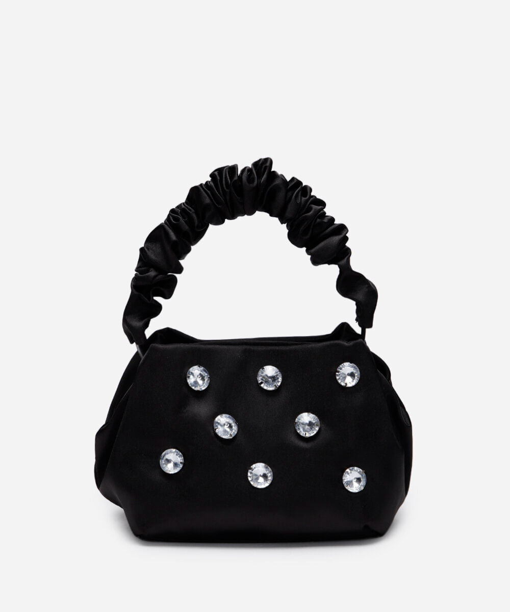 bolsa acetinada com alça franzida preta