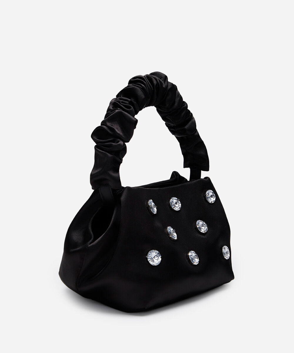 bolsa acetinada com alça franzida preta