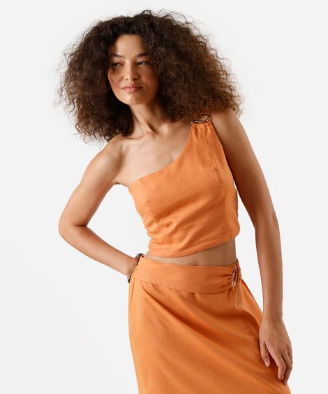 cropped ombro único feminino com linho laranja
