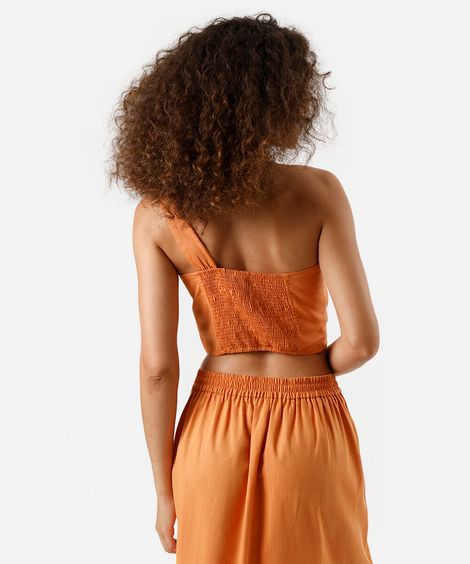 cropped ombro único feminino com linho laranja