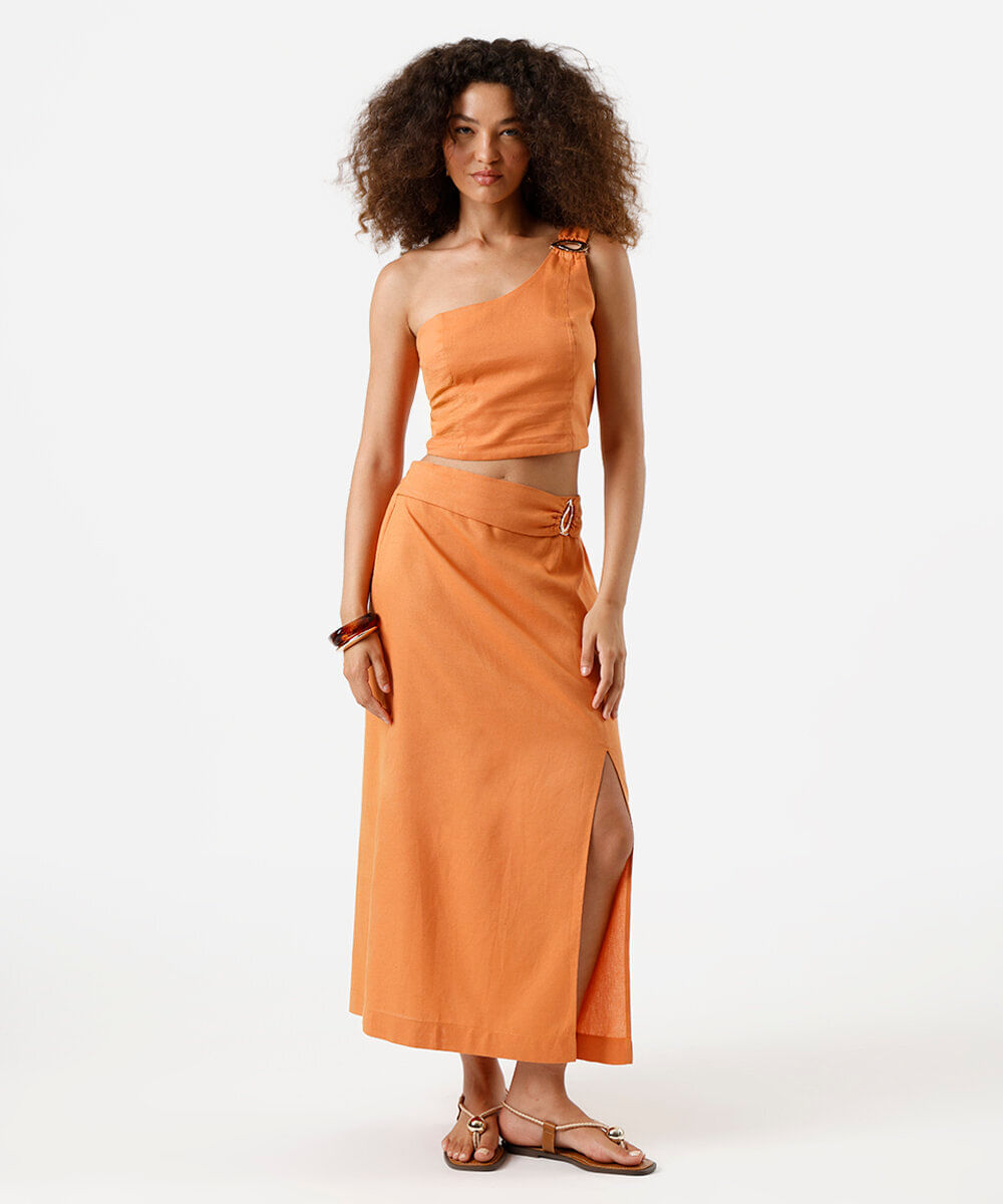 cropped ombro único feminino com linho laranja