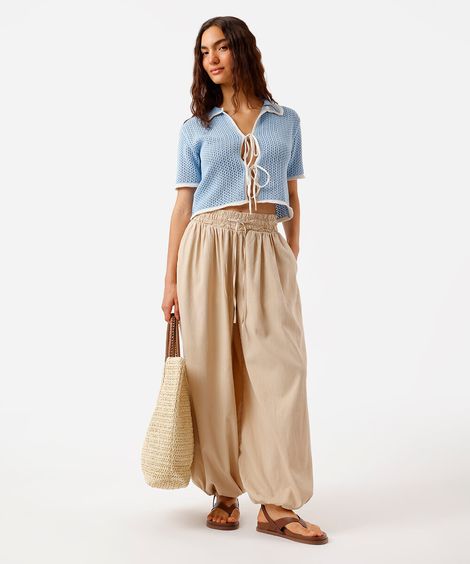 calça aladim feminina de sarja cós elástico bege