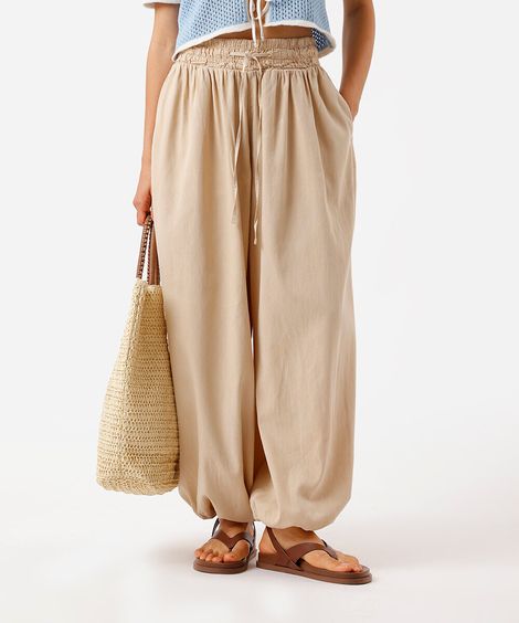 calça aladim feminina de sarja cós elástico bege