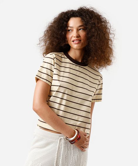camiseta feminina de algodão listrada amarela