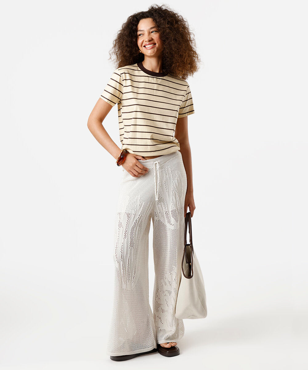 camiseta feminina de algodão listrada amarela