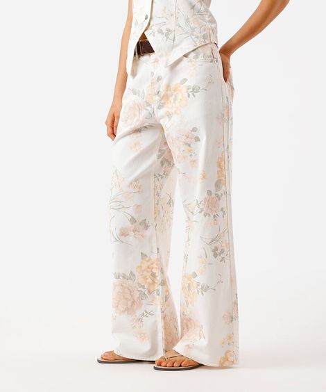 calça wide leg feminina de sarja floral off white