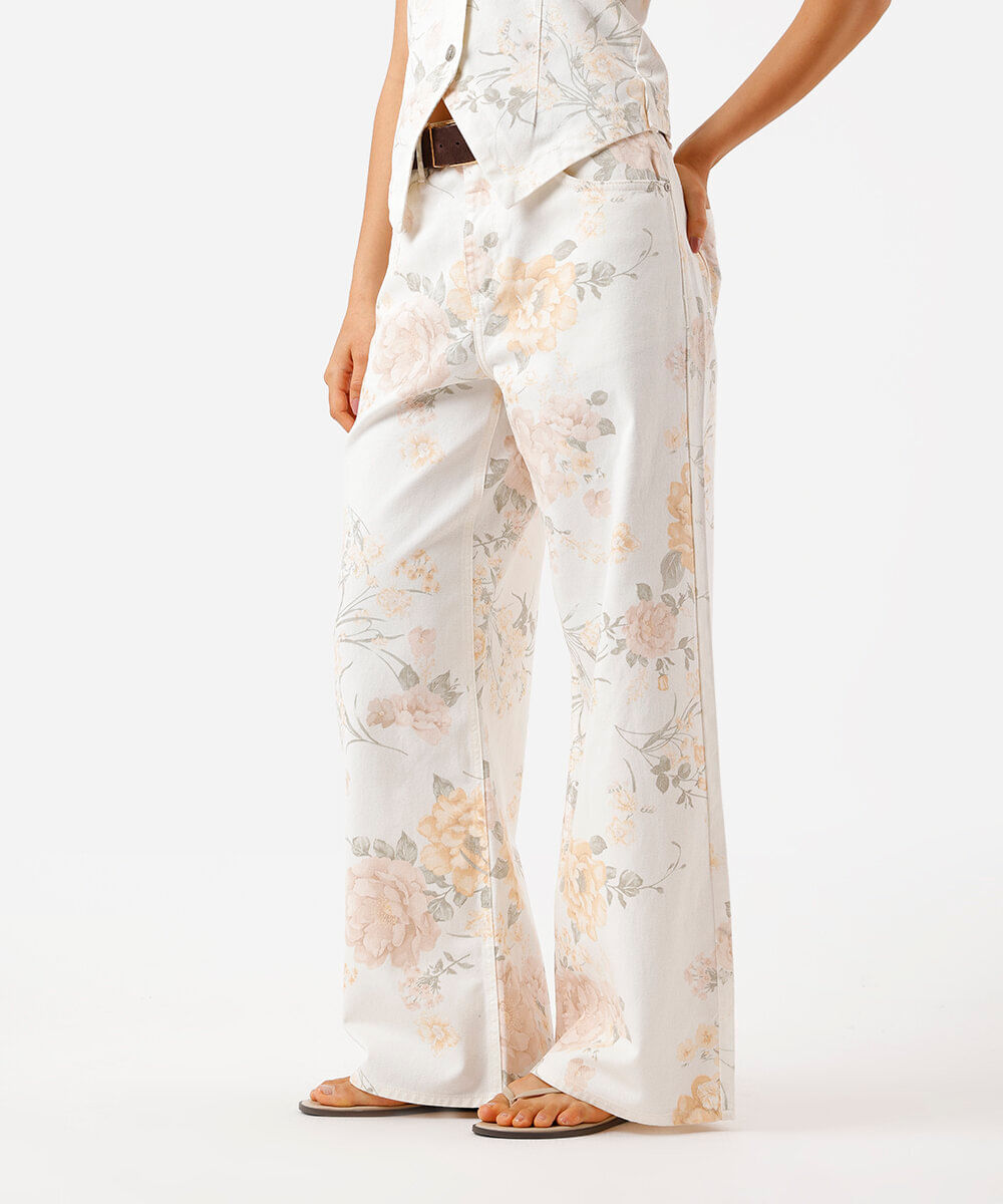 calça wide leg feminina de sarja floral off white
