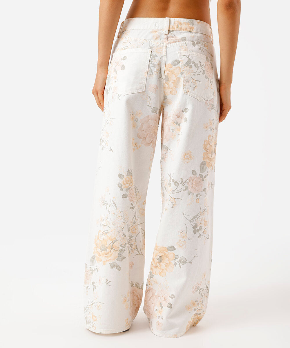 calça wide leg feminina de sarja floral off white
