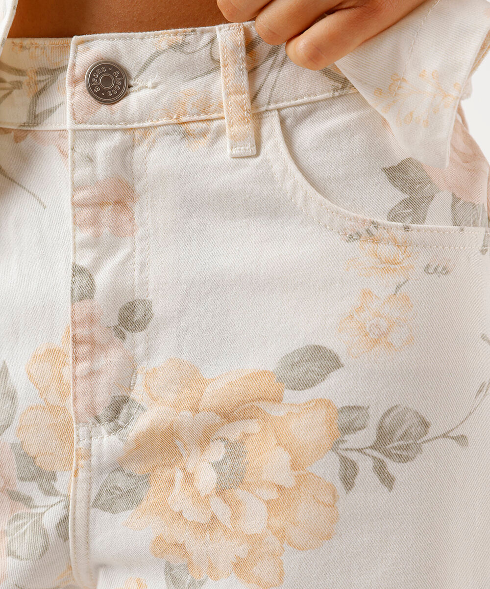 calça wide leg feminina de sarja floral off white