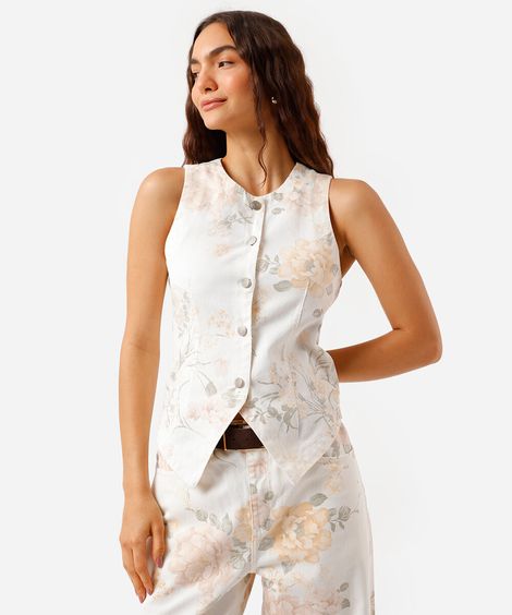 colete feminino de sarja floral off white