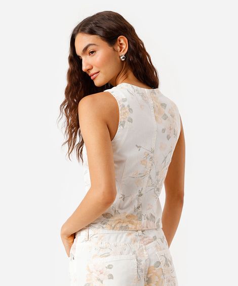 colete feminino de sarja floral off white