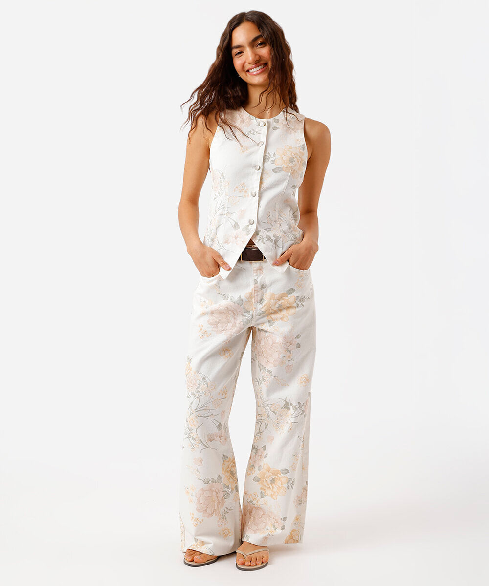 colete feminino de sarja floral off white