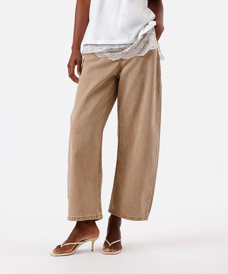 calça baggy feminina de sarja cintura média bege