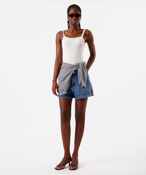 short feminino jeans cintura média destroyed azul