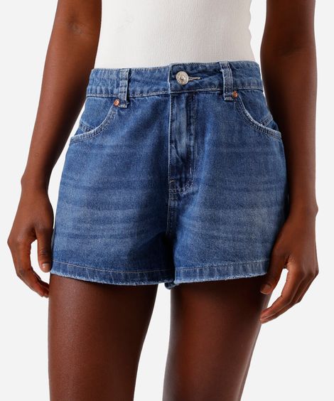 short feminino jeans cintura média destroyed azul