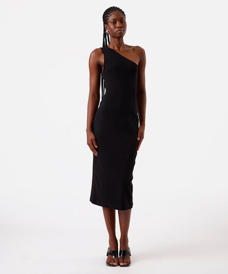 vestido midi ombro único feminino de algodão básico preto
