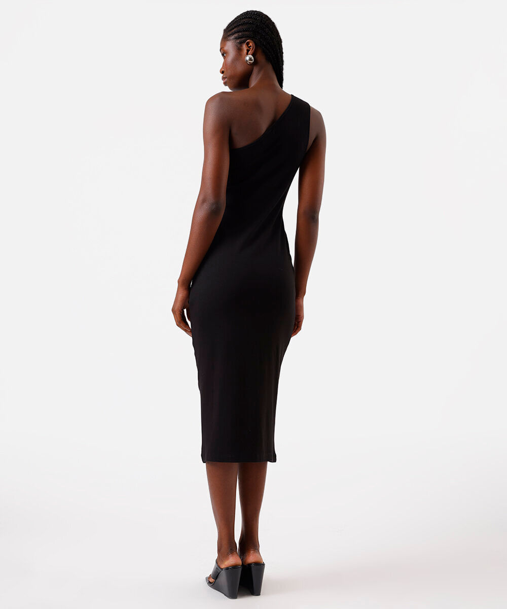 vestido midi ombro único feminino de algodão básico preto