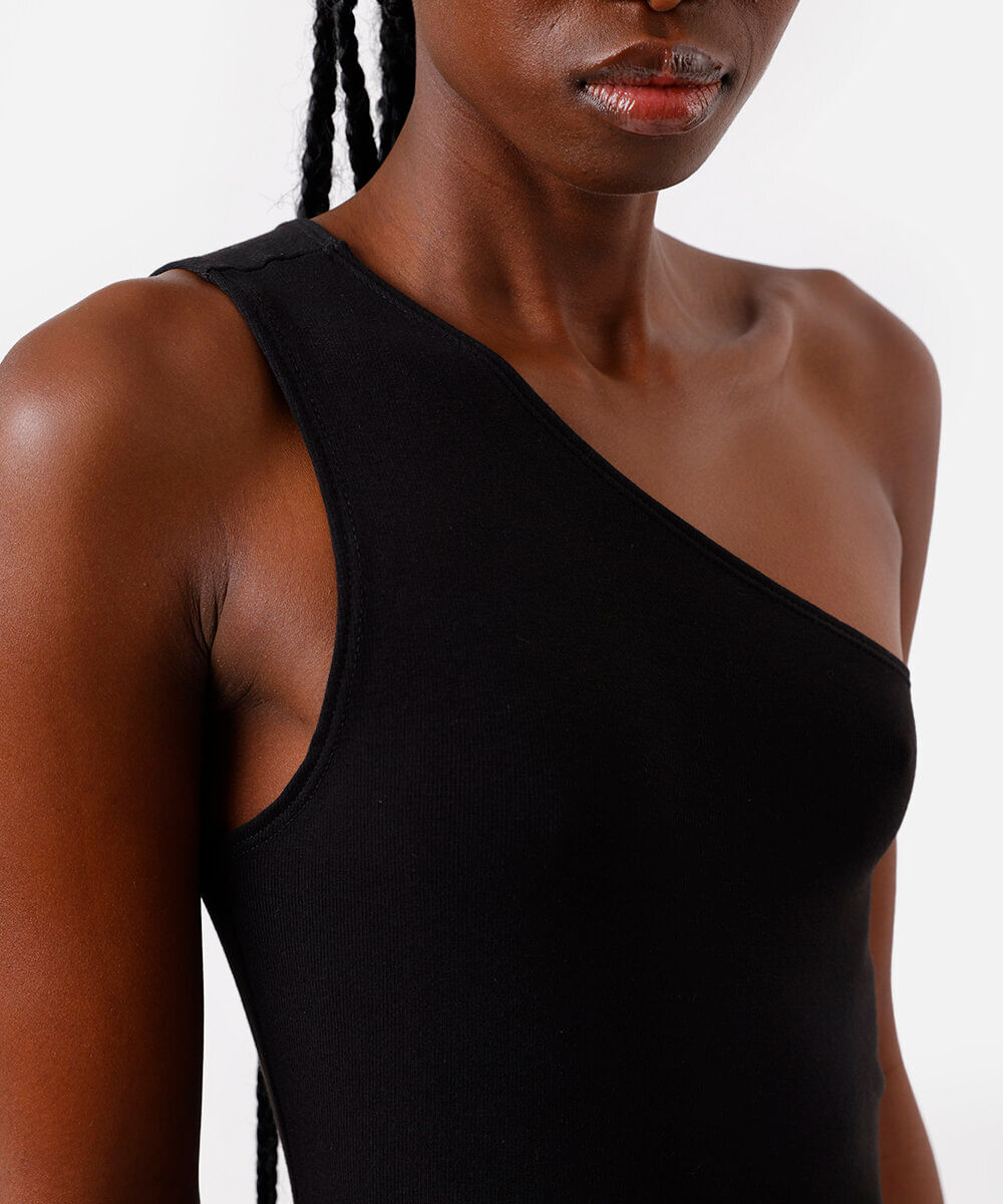 vestido midi ombro único feminino de algodão básico preto