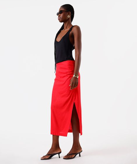 saia midi feminina com linho e fenda franzida vermelha