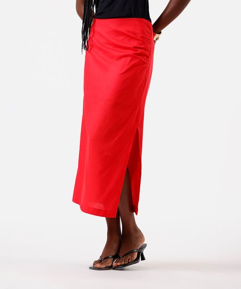 saia midi feminina com linho e fenda franzida vermelha