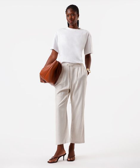 calça jogger feminina com linho listrada bege